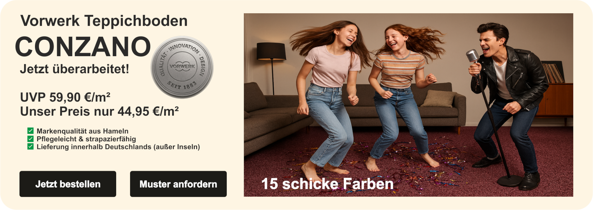 Vorwerk Conzano Teppichboden – Velours-Oberfläche in Farbe 1M04, gleichmäßig strukturiert, präsentiert als Rollenansicht auf dunklem Hintergrund, erhältlich in 4 m und 5 m Breite.